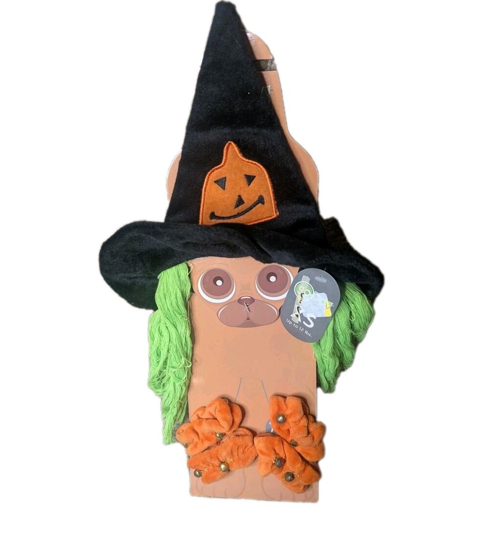 GoDog Witch Halloween Costume Dogs XS (Up To 12 lb) Hat & 4 Paw Scrunchies Bells